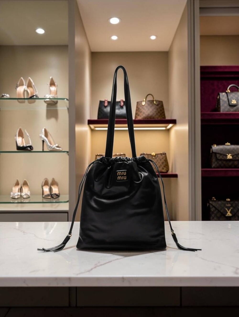 Miu Miu Black Leather Drawstring Shoulder Tote with Gold Logo